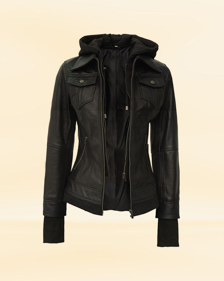 Women Hooded Black Leather Bomber Jacket back view in France style