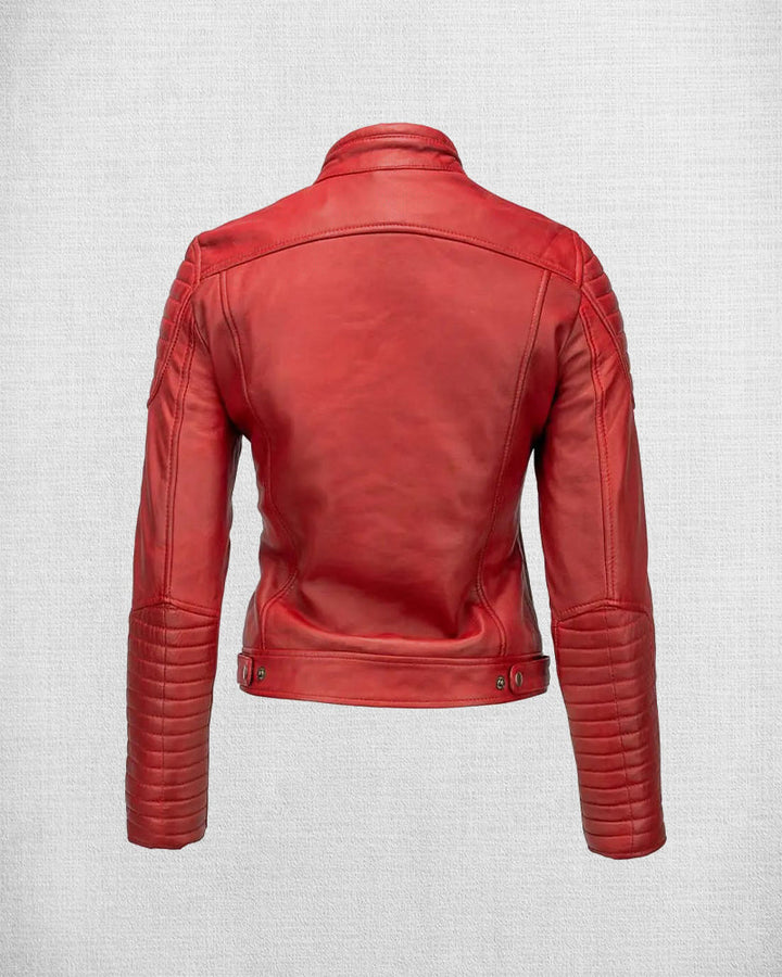 Red Leather Biker Jacket with White and Blue Stripes back view in France style