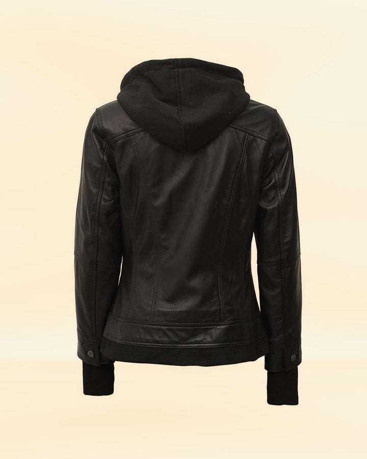 Close-up of Women Hooded Black Leather Bomber Jacket texture in United state market