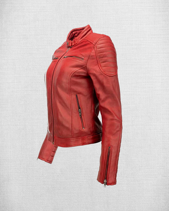 Red Leather Biker Jacket with White and Blue Stripes side view in United state market