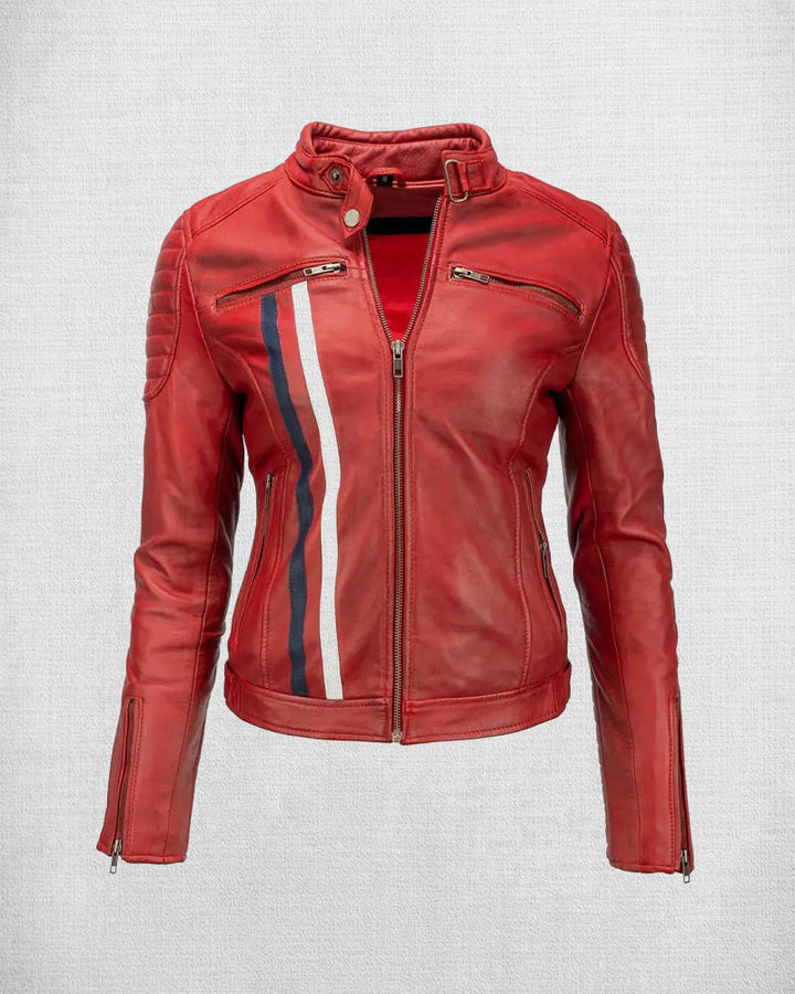 Red Leather Biker Jacket with White and Blue Stripes front view in USA