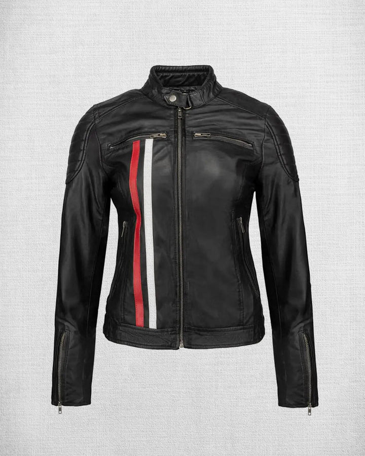 Red Leather Biker Jacket with White and Blue Stripes and zipper in France style