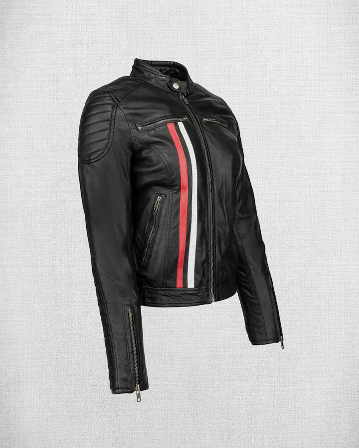 Stylish Red Leather Biker Jacket with White and Blue Stripes in United state market