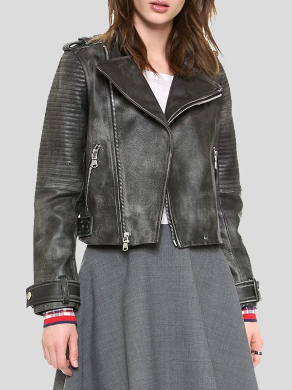 Women Black Vintage Leather Jacket front view in USA