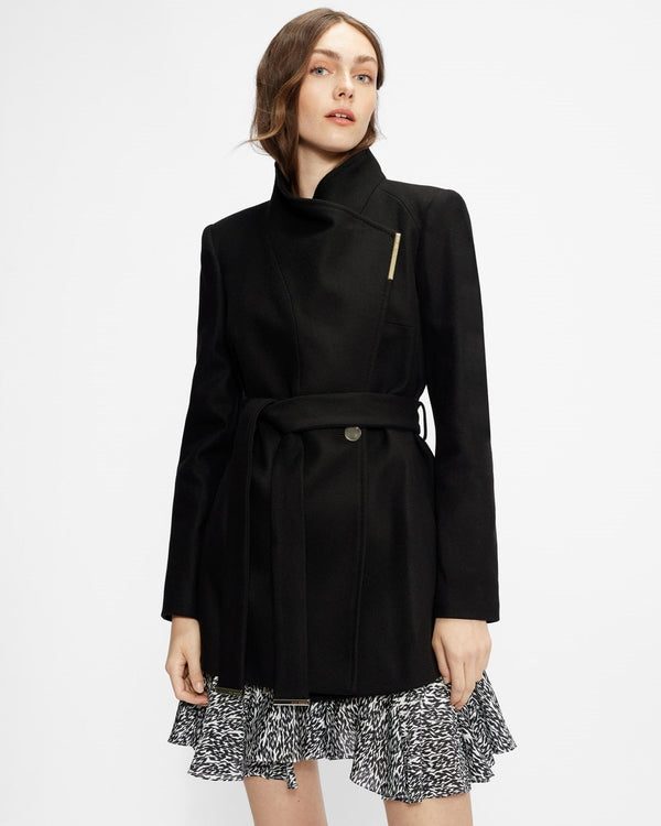 Women's Short Style Black Wool Coat front view in USA