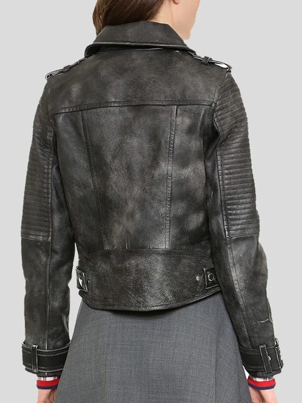 Close-up of Women Black Vintage Leather Jacket texture in United state market