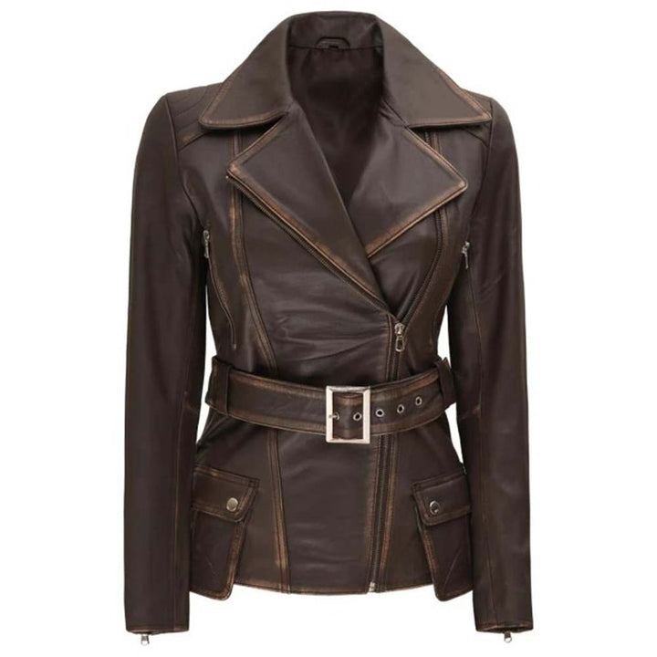 Asymmetrical distressed brown belted leather jacket for women in USA