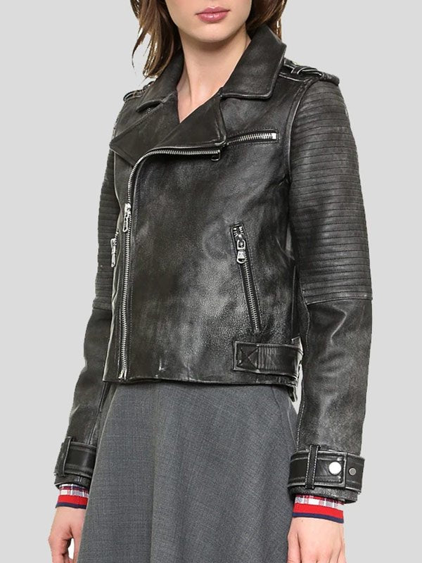 Women Black Vintage Leather Jacket back view in France style