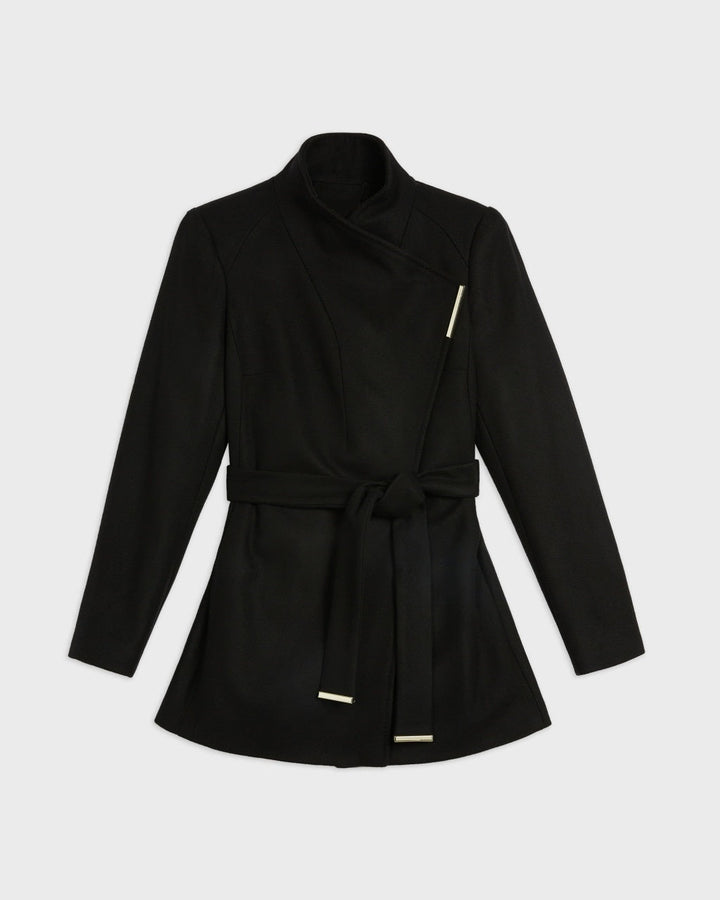 Women's Short Style Black Wool Coat with buttons in American style