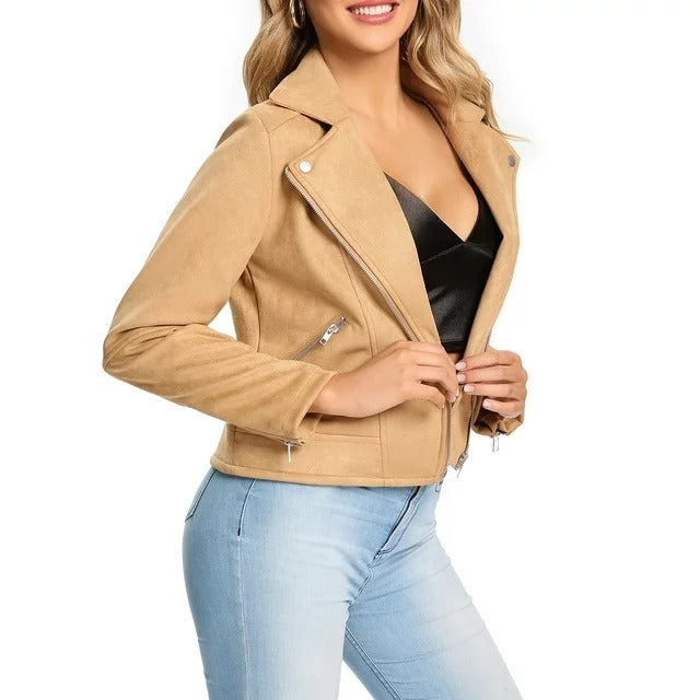 Close-up of Women's Creme Suede Leather Jacket texture in US