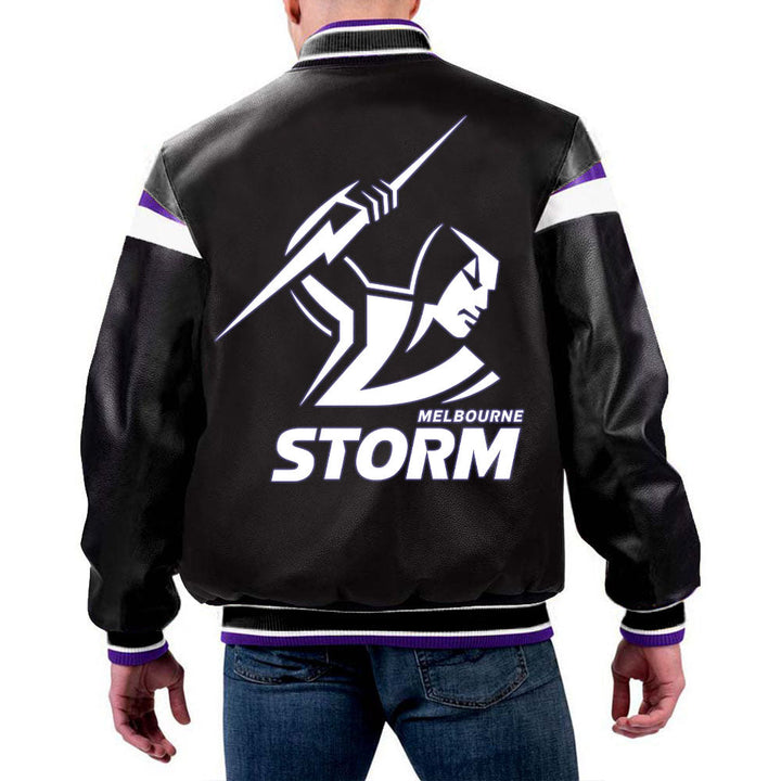 NRL Melbourne Storm Leather Jacket front view in USA