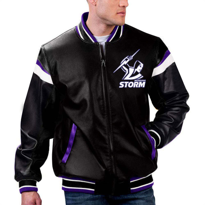 Unisex NRL Melbourne Storm Leather Jacket back view in France style