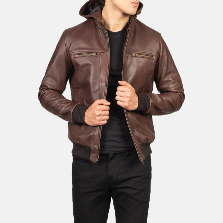 Men's brown bomber hooded leather jacket in USA