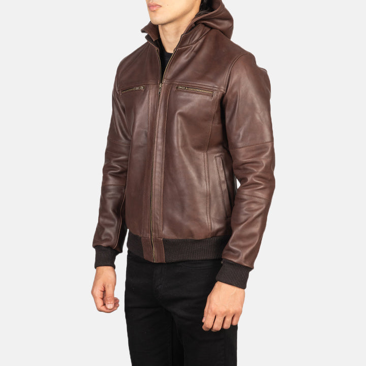 Fashionable brown leather jacket with hood for men in USA market