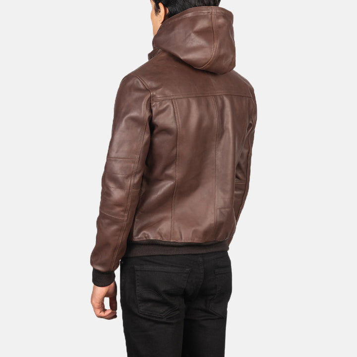 Stylish hooded leather jacket for men in brown in fracne style