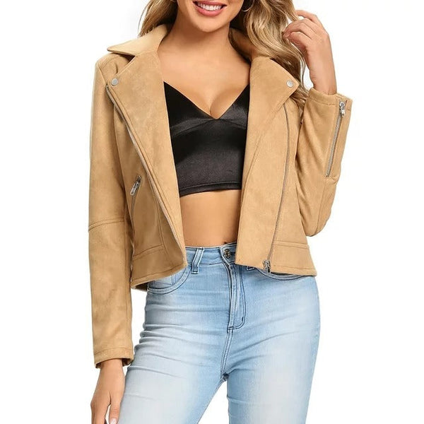 Women's Creme Suede Leather Jacket front view in USA