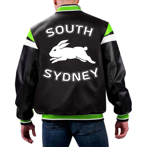 NRL South Sydney Leather Jacket front view in USA market