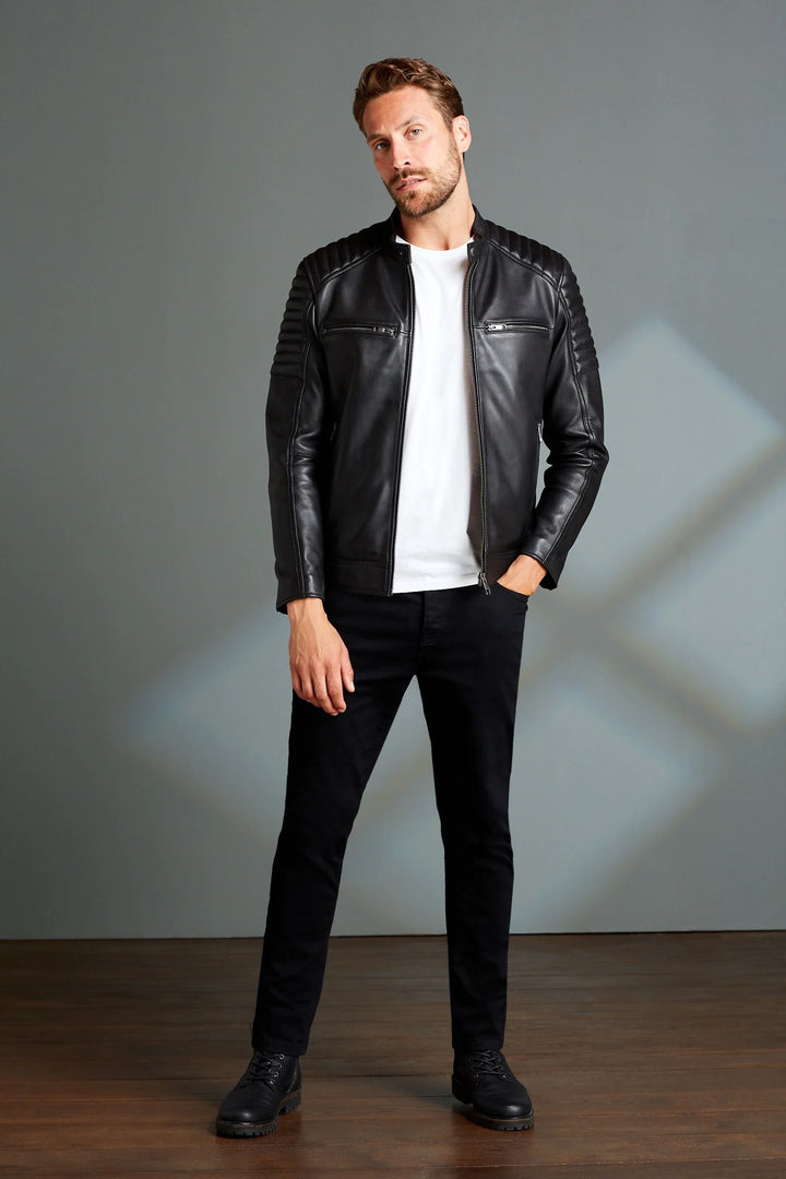 Stylish quilted racer leather jacket for men in France style