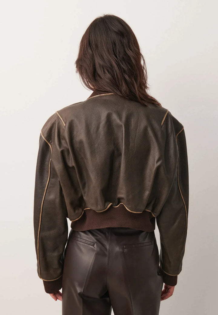 Women Distressed Brown Cropped Vintage Jacket back view in France style