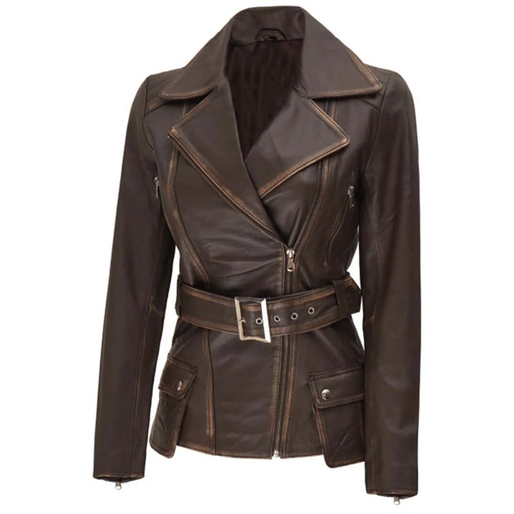 Stylish women's brown leather jacket with asymmetrical design and belt in US