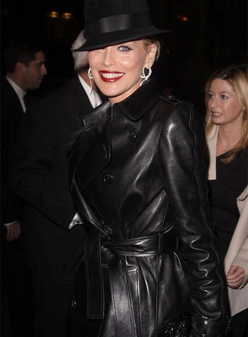 Sharon Stone Black Leather Trench Coat back view in France style