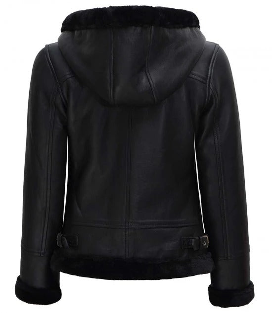 Stylish Women's Hooded Black Faux Shearling Bomber Leather Jacket in UK market