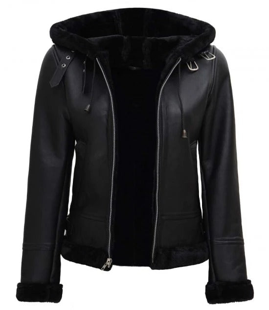 Women's Hooded Black Faux Shearling Bomber Leather Jacket back view in united state market
