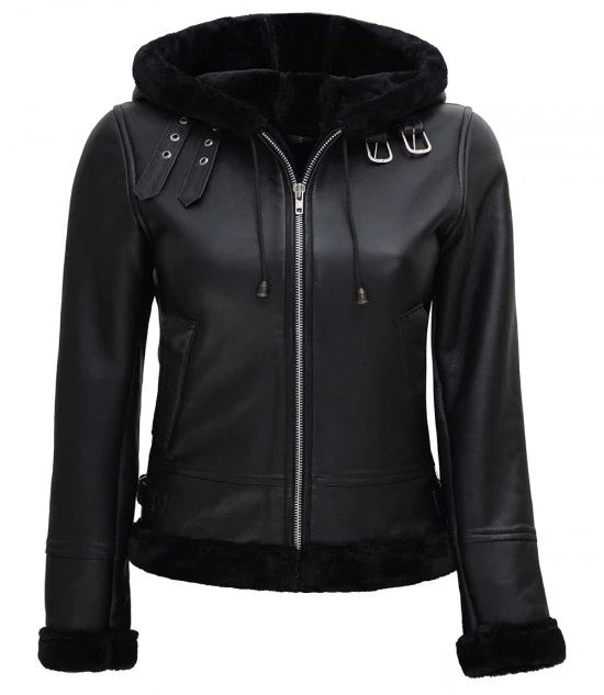 Women's Hooded Black Faux Shearling Bomber Leather Jacket front view in USA